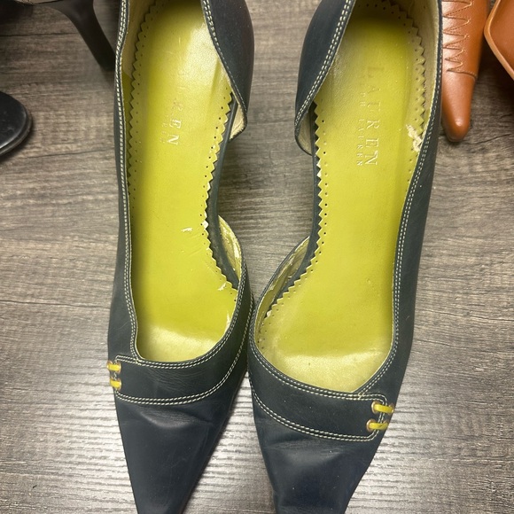 Ralph Lauren Shoes - Ralph Lauren Leather Navy Pointed-Toe 3.5” Pumps with Lime Insole & Accents